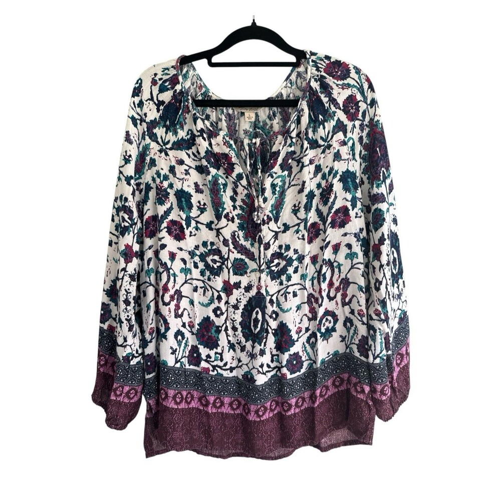 Lucky Brand Top Boho Purple Floral Print Rayon Tunic Blouse Large